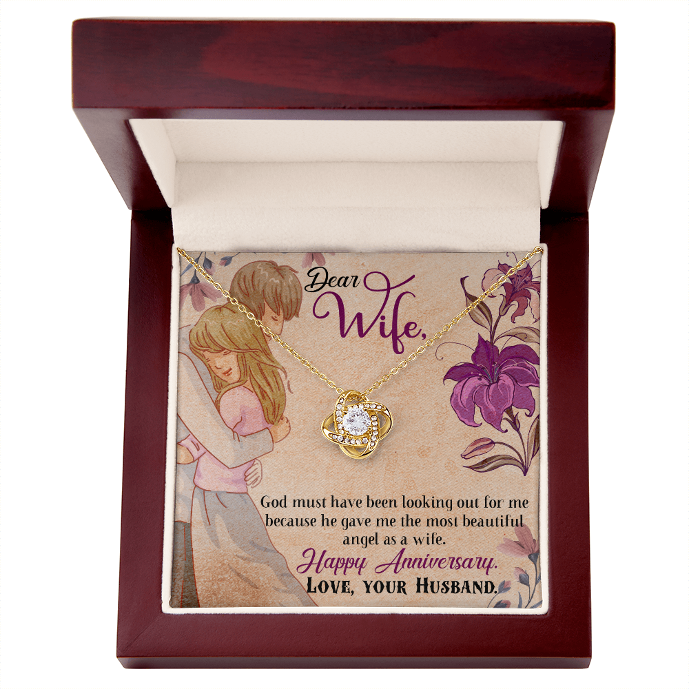 018 Dear Wife, Happy Anniversary - 18K Yellow Gold Finish Love Knot Necklace With Mahogany Style Luxury Box