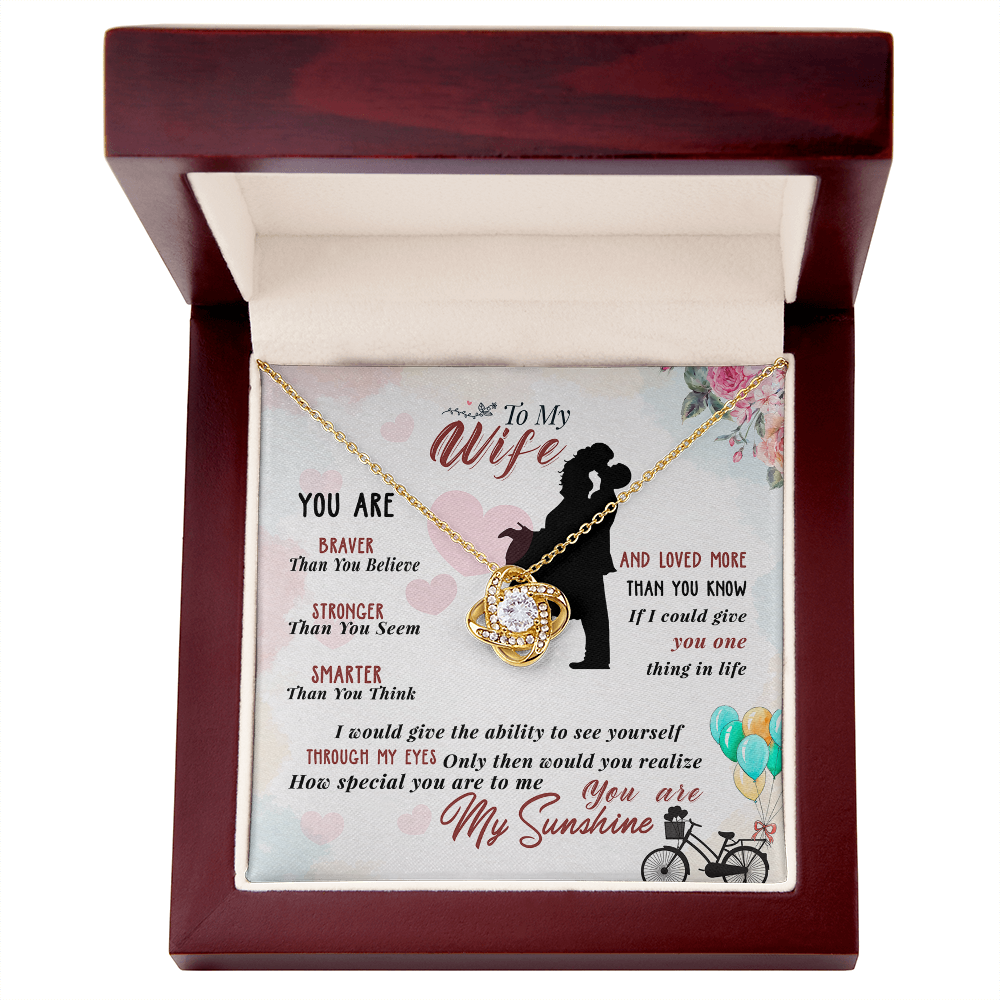 014 To My Wife - 18K Yellow Gold Finish Love Knot Necklace With Mahogany Style Luxury Box