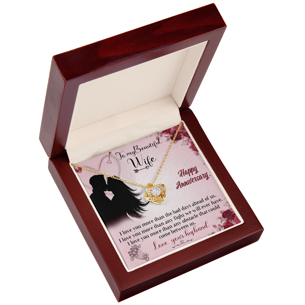 020 To My Beautiful Wife, Happy Anniversary - 18K Yellow Gold Finish Love Knot Necklace With Mahogany Style Luxury Box