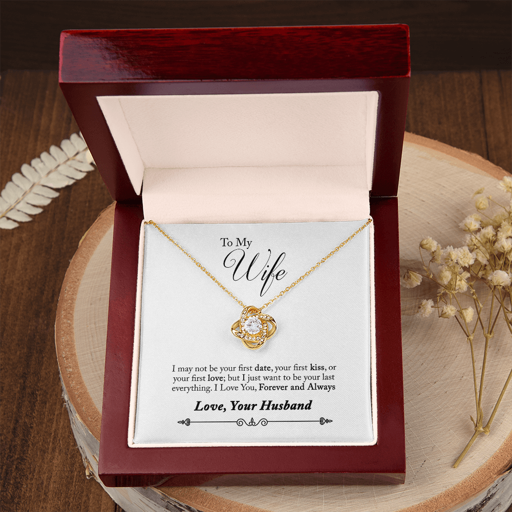 008 To My Wife - 18K Yellow Gold Finish Love Knot Necklace With Mahogany Style Luxury Box