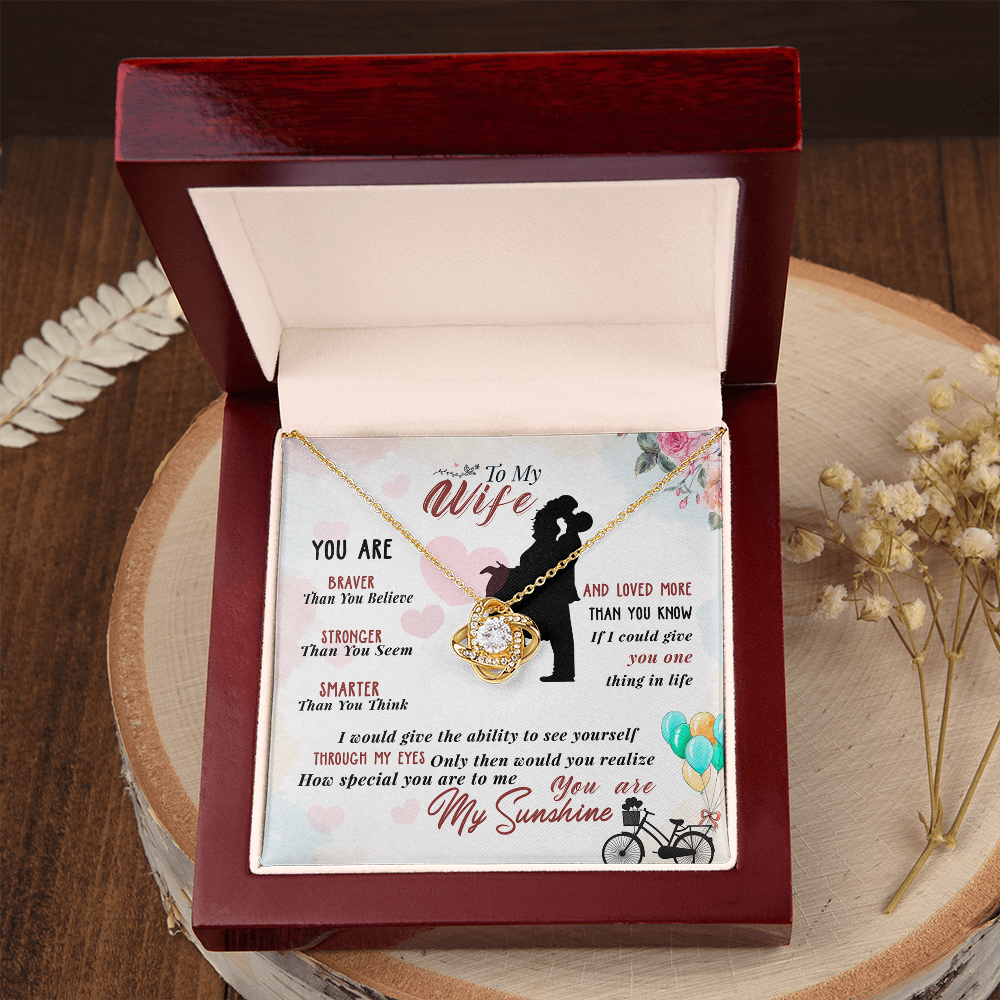 014 To My Wife - 18K Yellow Gold Finish Love Knot Necklace With Mahogany Style Luxury Box