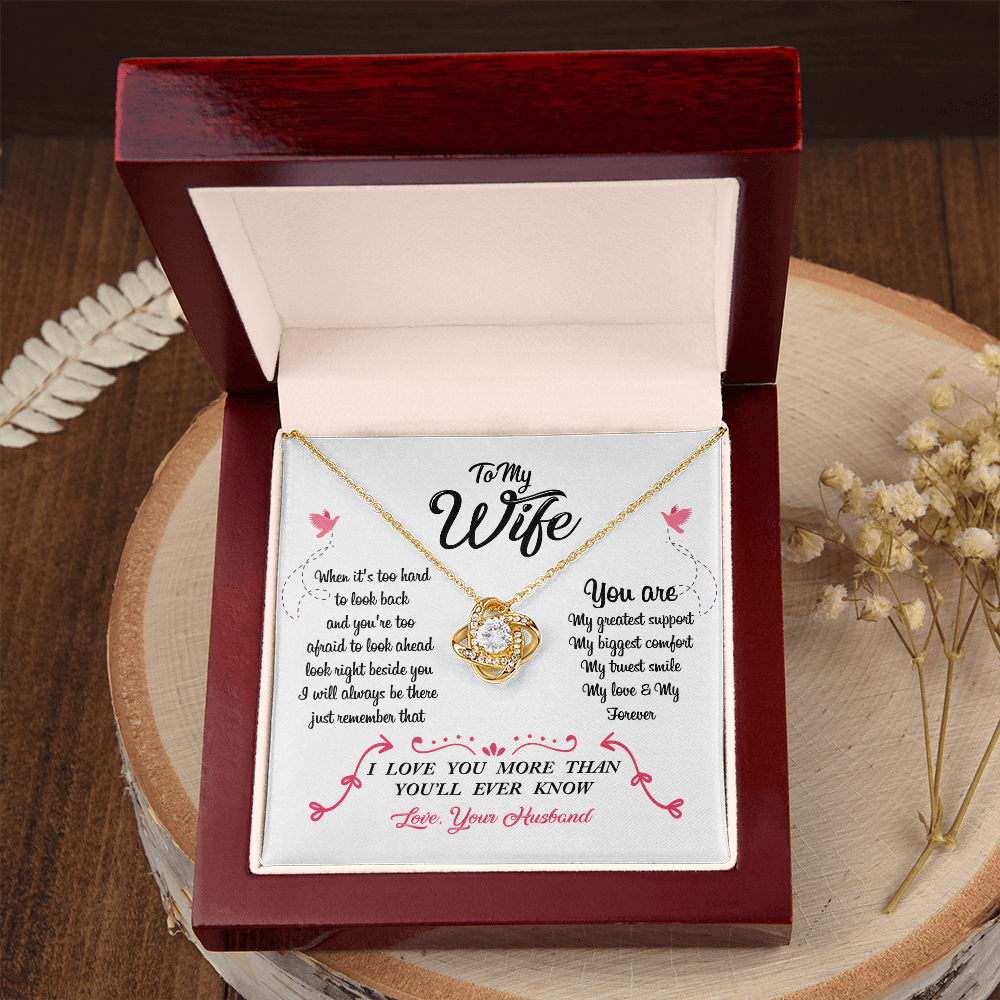 011 To My Wife - 18K Yellow Gold Finish Love Knot Necklace With Mahogany Style Luxury Box