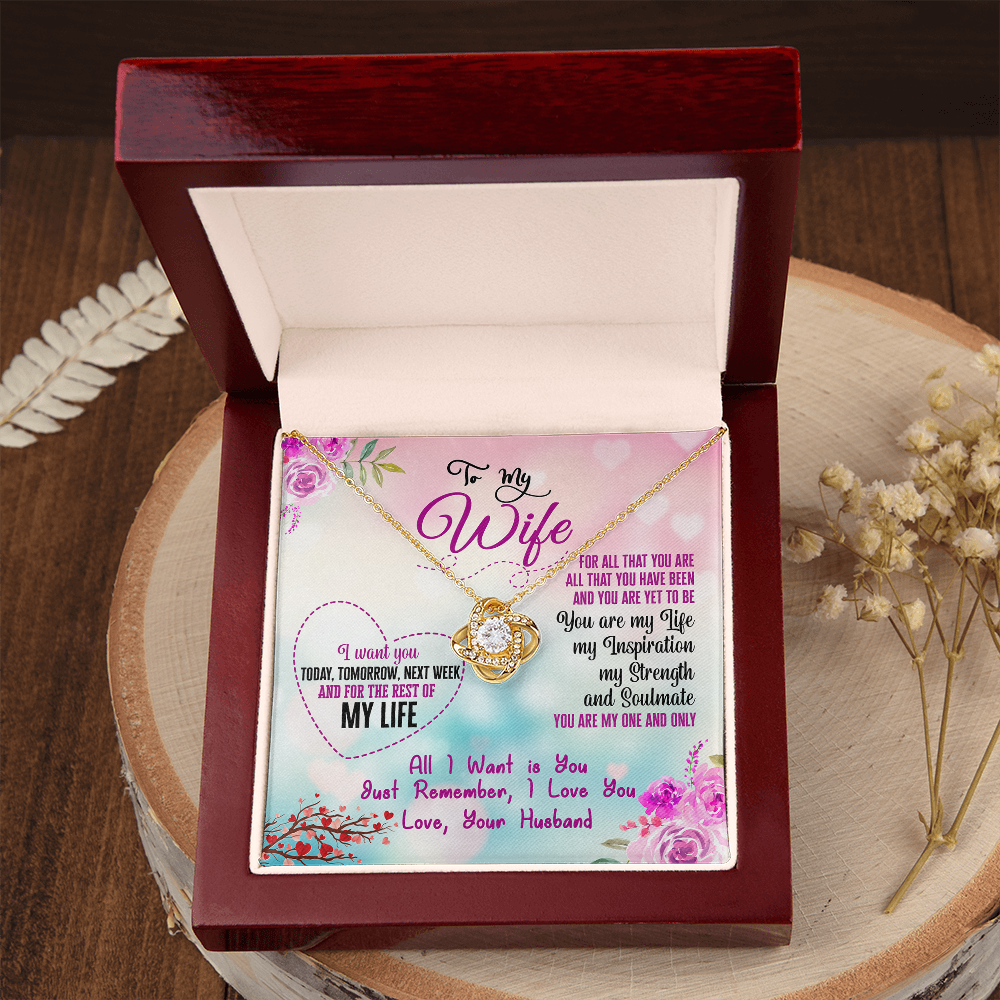 015 To My Wife - 18K Yellow Gold Finish Love Knot Necklace With Mahogany Style Luxury Box