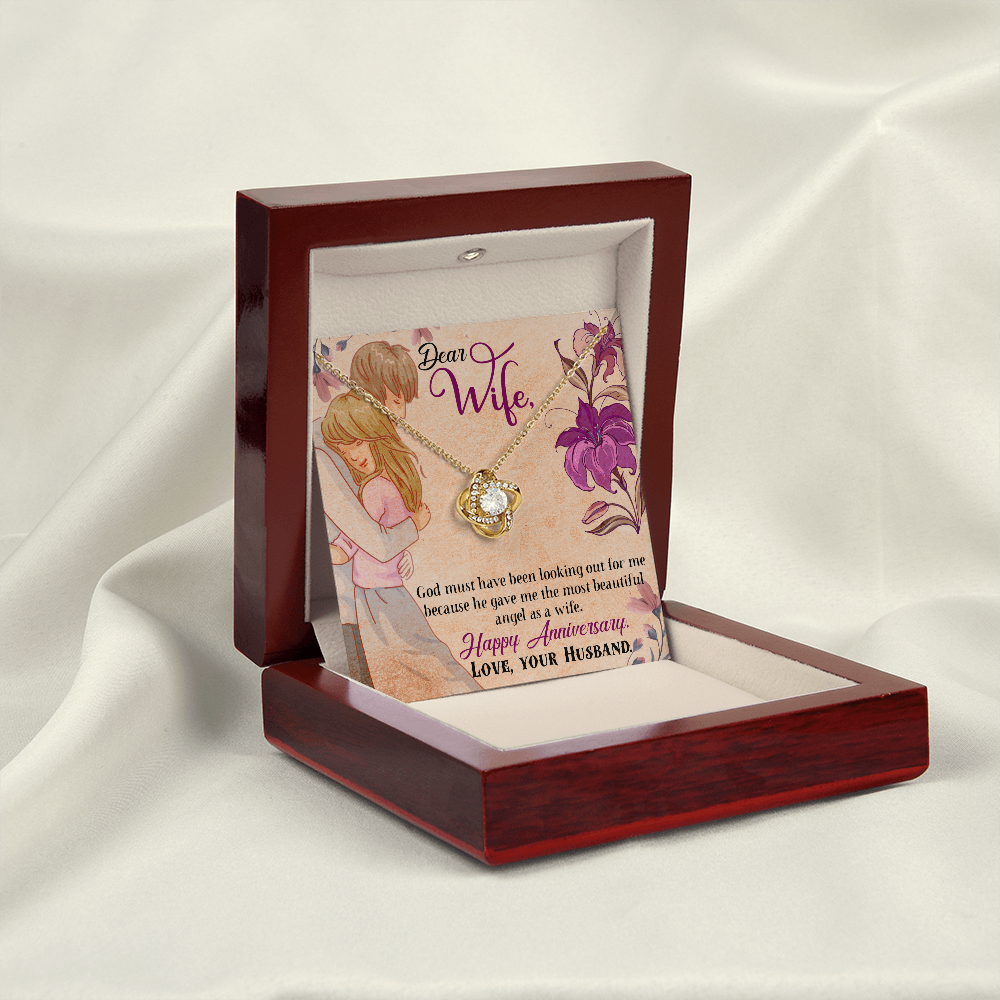 018 Dear Wife, Happy Anniversary - 18K Yellow Gold Finish Love Knot Necklace With Mahogany Style Luxury Box
