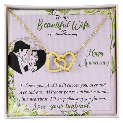 019 To My Beautiful Wife, Happy Anniversary - 18K Yellow Gold Finish Interlocking Hearts Necklace