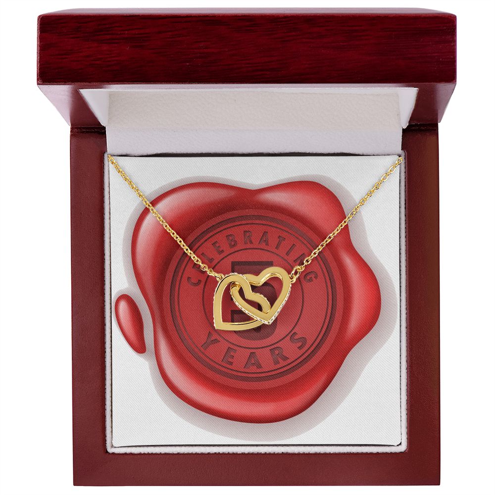 Celebrating 05 Years Anniversary - 18K Yellow Gold Finish Interlocking Hearts Necklace With Mahogany Style Luxury Box