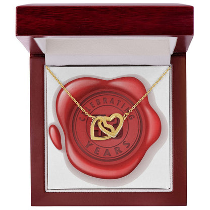 Celebrating 53 Years Anniversary - 18K Yellow Gold Finish Interlocking Hearts Necklace With Mahogany Style Luxury Box