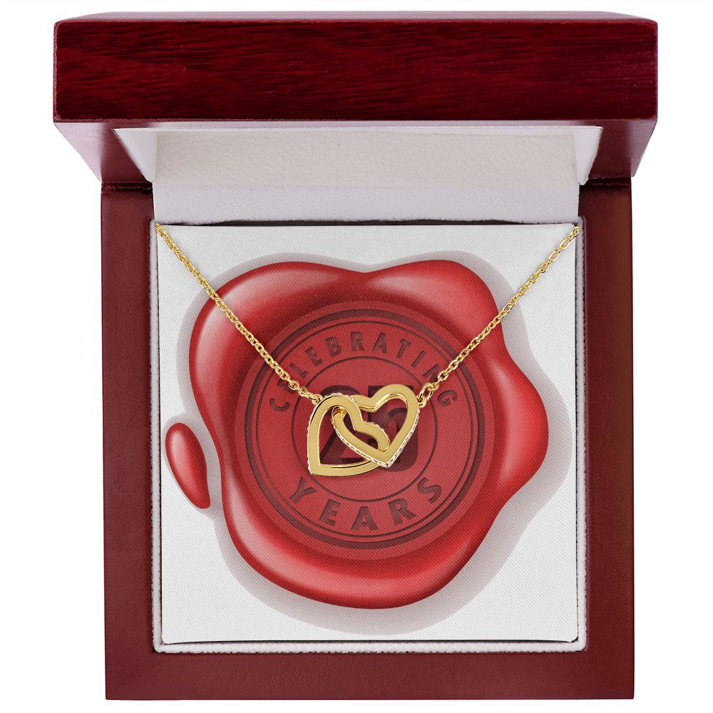 Celebrating 25 Years Anniversary - 18K Yellow Gold Finish Interlocking Hearts Necklace With Mahogany Style Luxury Box