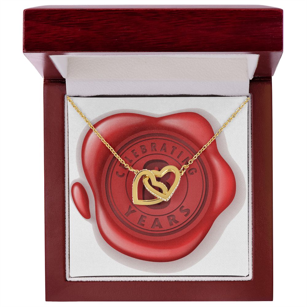 Celebrating 08 Years Anniversary - 18K Yellow Gold Finish Interlocking Hearts Necklace With Mahogany Style Luxury Box