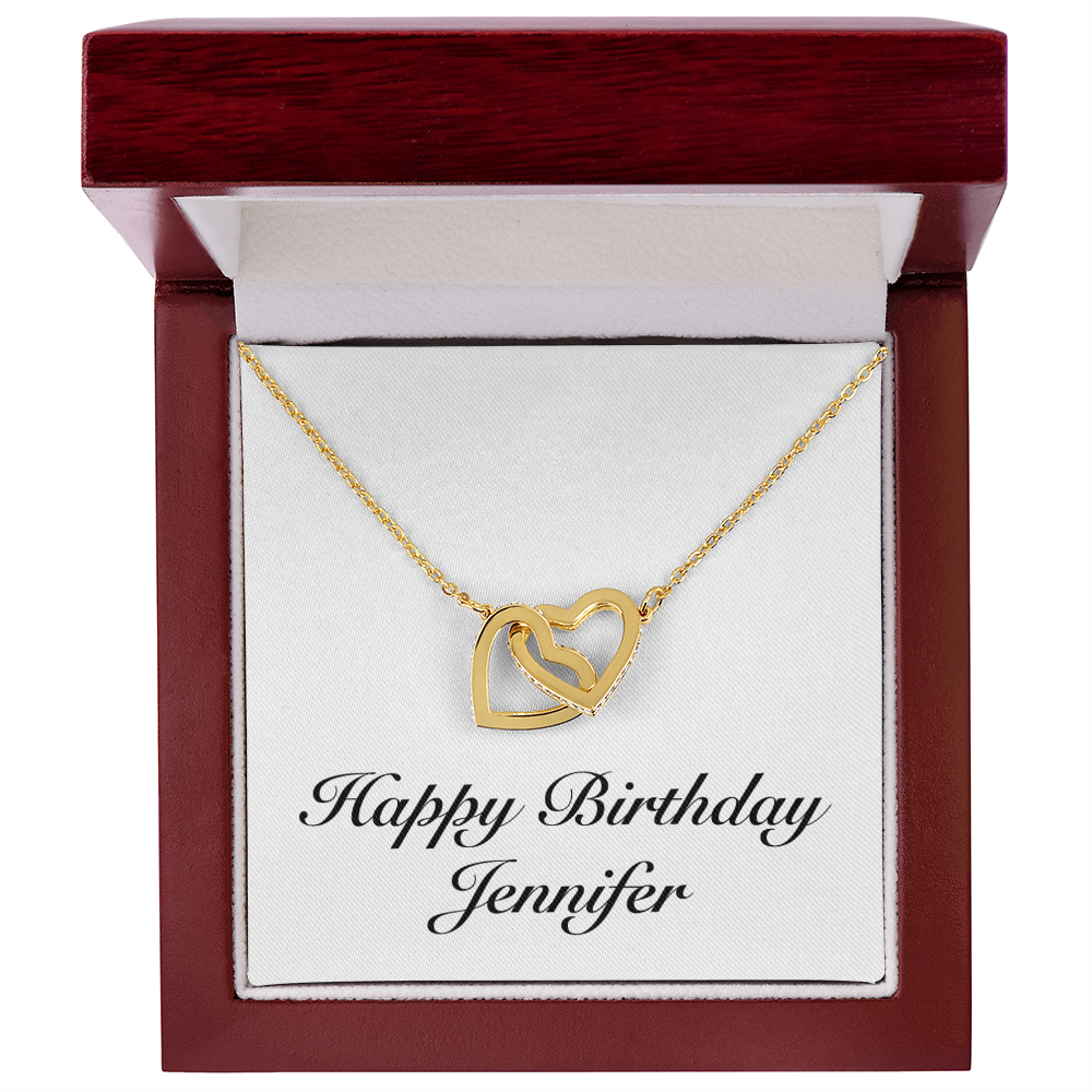 Happy Birthday Jennifer - 18K Yellow Gold Finish Interlocking Hearts Necklace With Mahogany Style Luxury Box