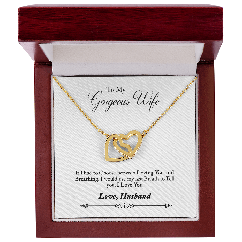 005 To My Gorgeous Wife - 18K Yellow Gold Finish Interlocking Hearts Necklace With Mahogany Style Luxury Box