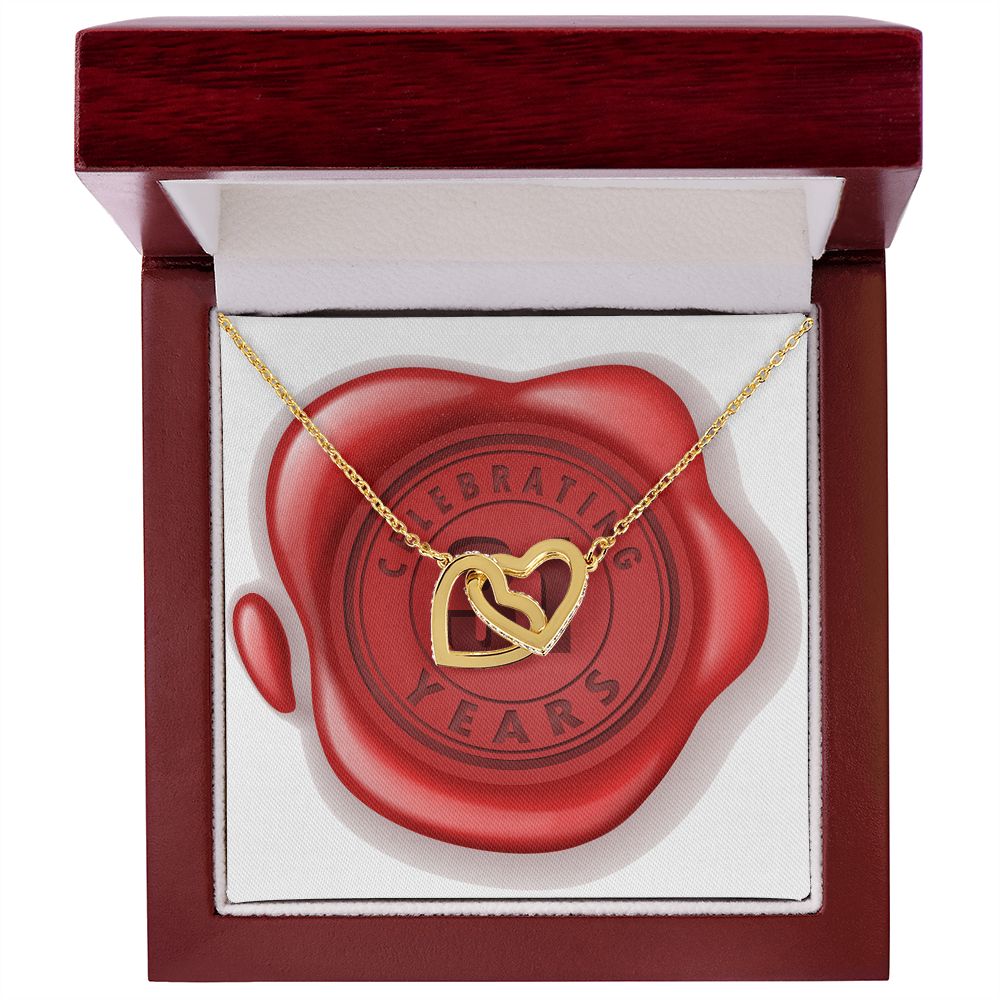 Celebrating 31 Years Anniversary - 18K Yellow Gold Finish Interlocking Hearts Necklace With Mahogany Style Luxury Box