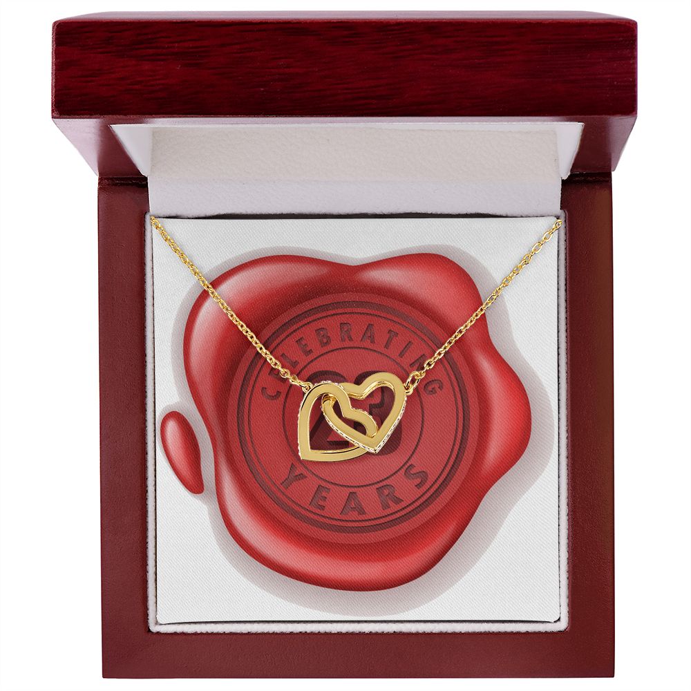 Celebrating 23 Years Anniversary - 18K Yellow Gold Finish Interlocking Hearts Necklace With Mahogany Style Luxury Box