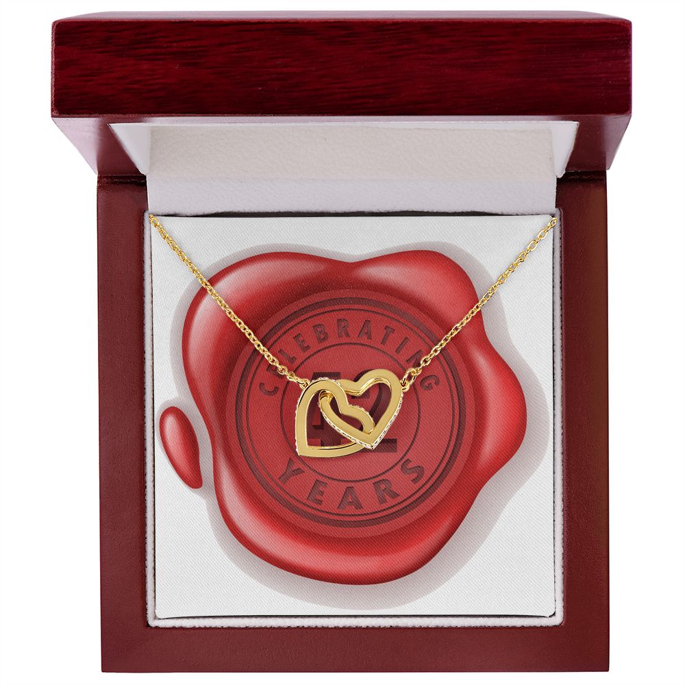 Celebrating 42 Years Anniversary - 18K Yellow Gold Finish Interlocking Hearts Necklace With Mahogany Style Luxury Box