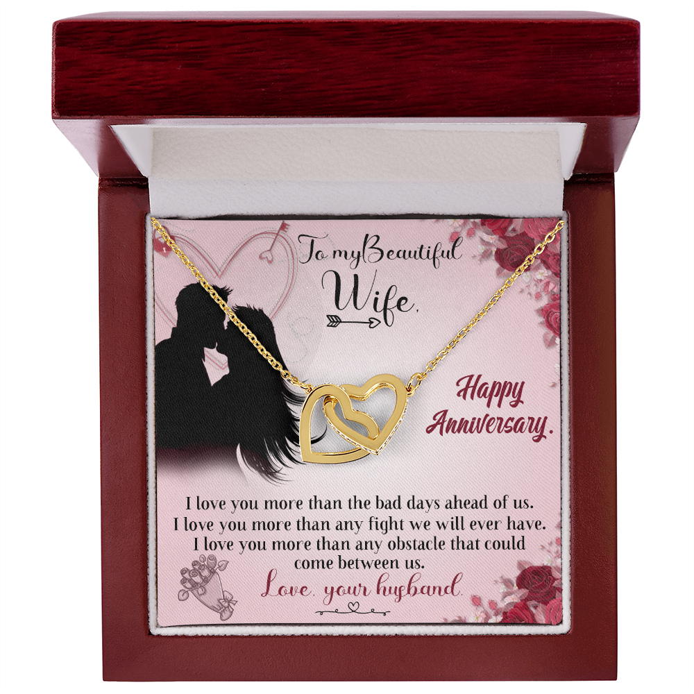020 To My Beautiful Wife, Happy Anniversary - 18K Yellow Gold Finish Interlocking Hearts Necklace With Mahogany Style Luxury Box