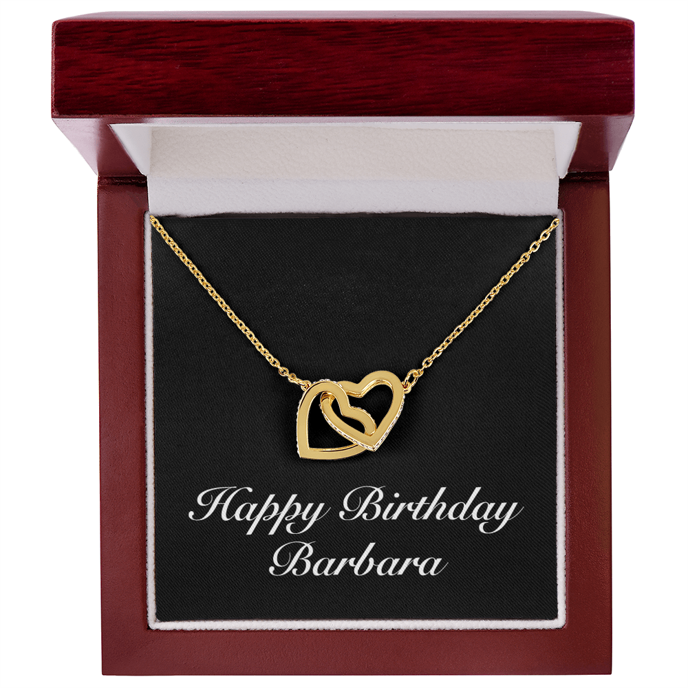 Happy Birthday Barbara v2 - 18K Yellow Gold Finish Interlocking Hearts Necklace With Mahogany Style Luxury Box