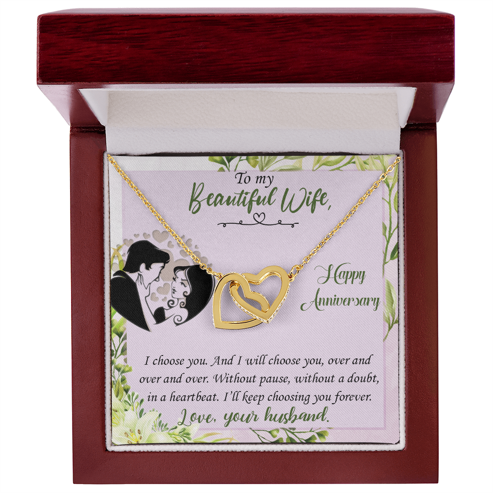 019 To My Beautiful Wife, Happy Anniversary - 18K Yellow Gold Finish Interlocking Hearts Necklace With Mahogany Style Luxury Box
