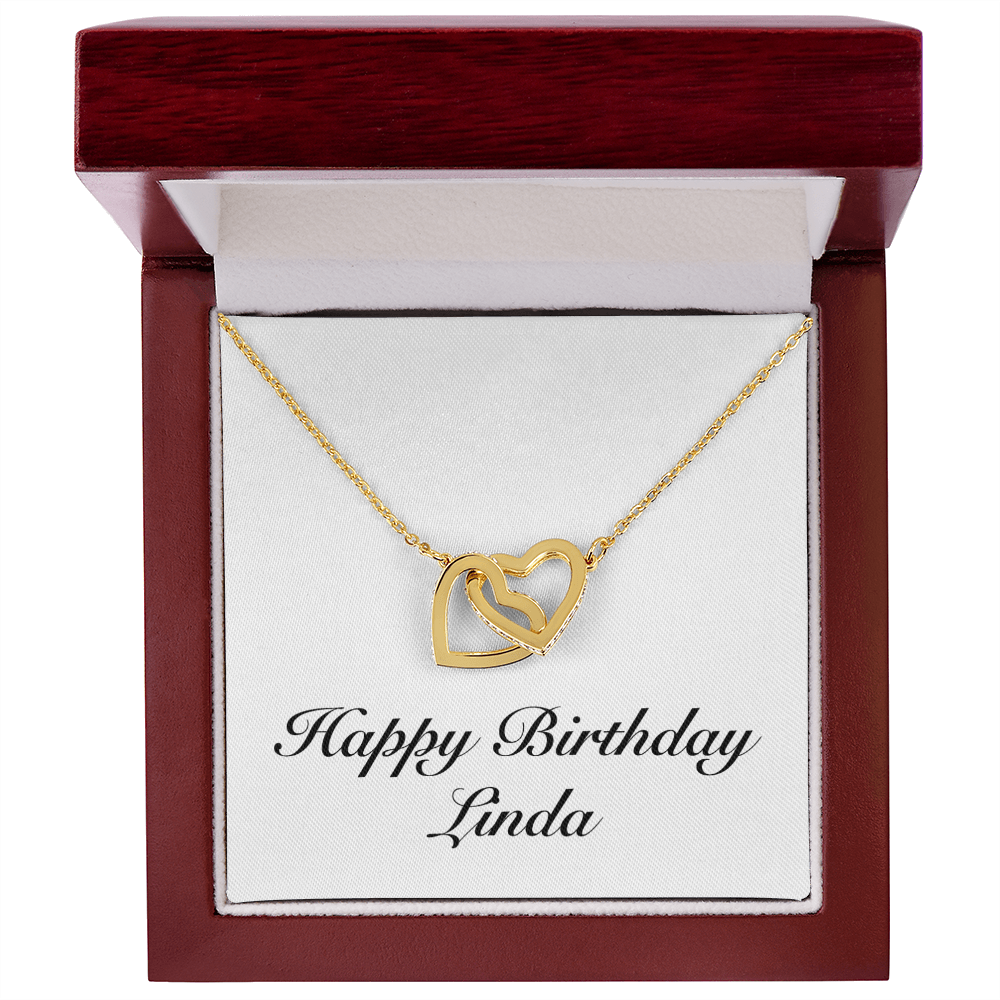 Happy Birthday Linda - 18K Yellow Gold Finish Interlocking Hearts Necklace With Mahogany Style Luxury Box