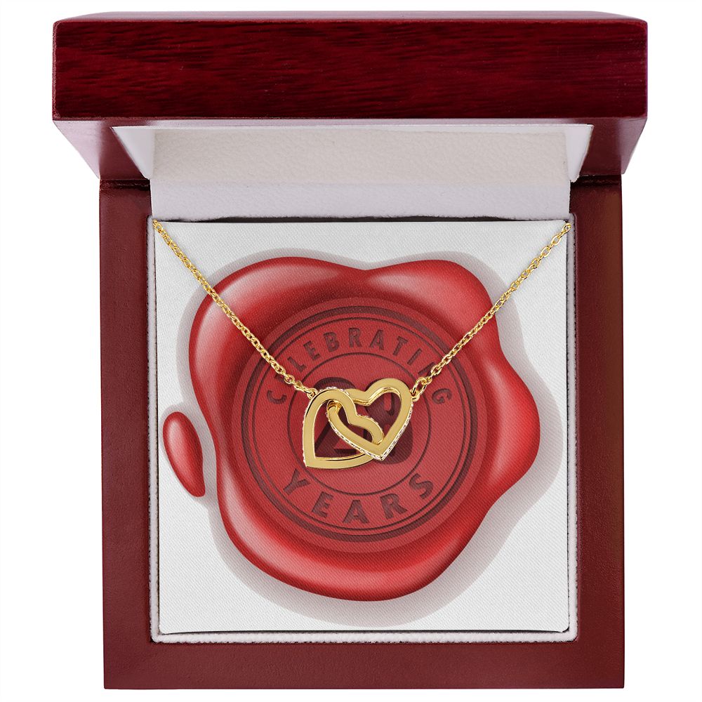 Celebrating 28 Years Anniversary - 18K Yellow Gold Finish Interlocking Hearts Necklace With Mahogany Style Luxury Box