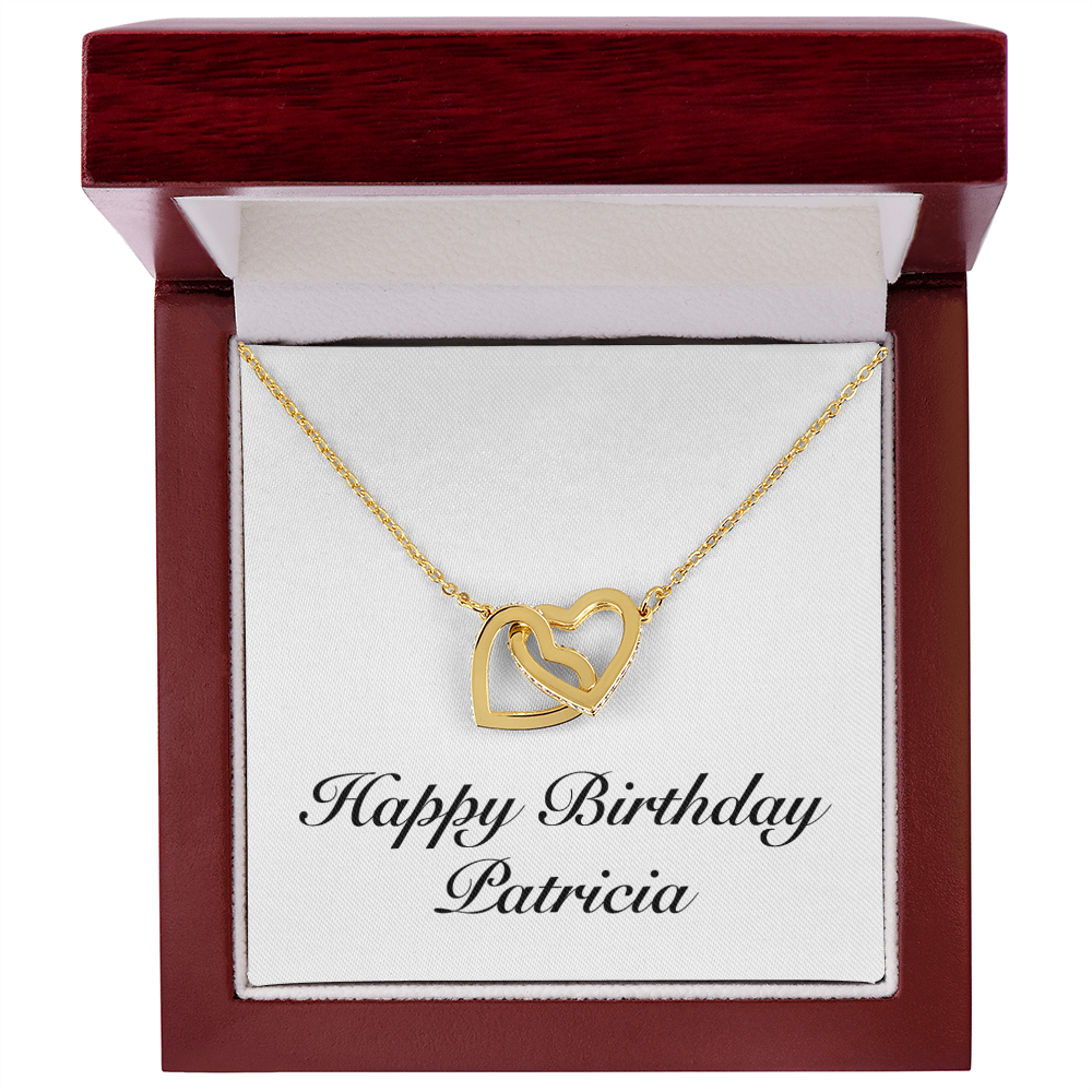 Happy Birthday Patricia - 18K Yellow Gold Finish Interlocking Hearts Necklace With Mahogany Style Luxury Box