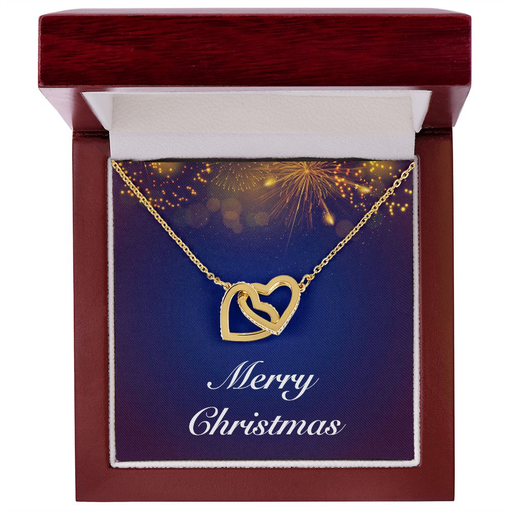 Merry Christmas v07 - 18K Yellow Gold Finish Interlocking Hearts Necklace With Mahogany Style Luxury Box