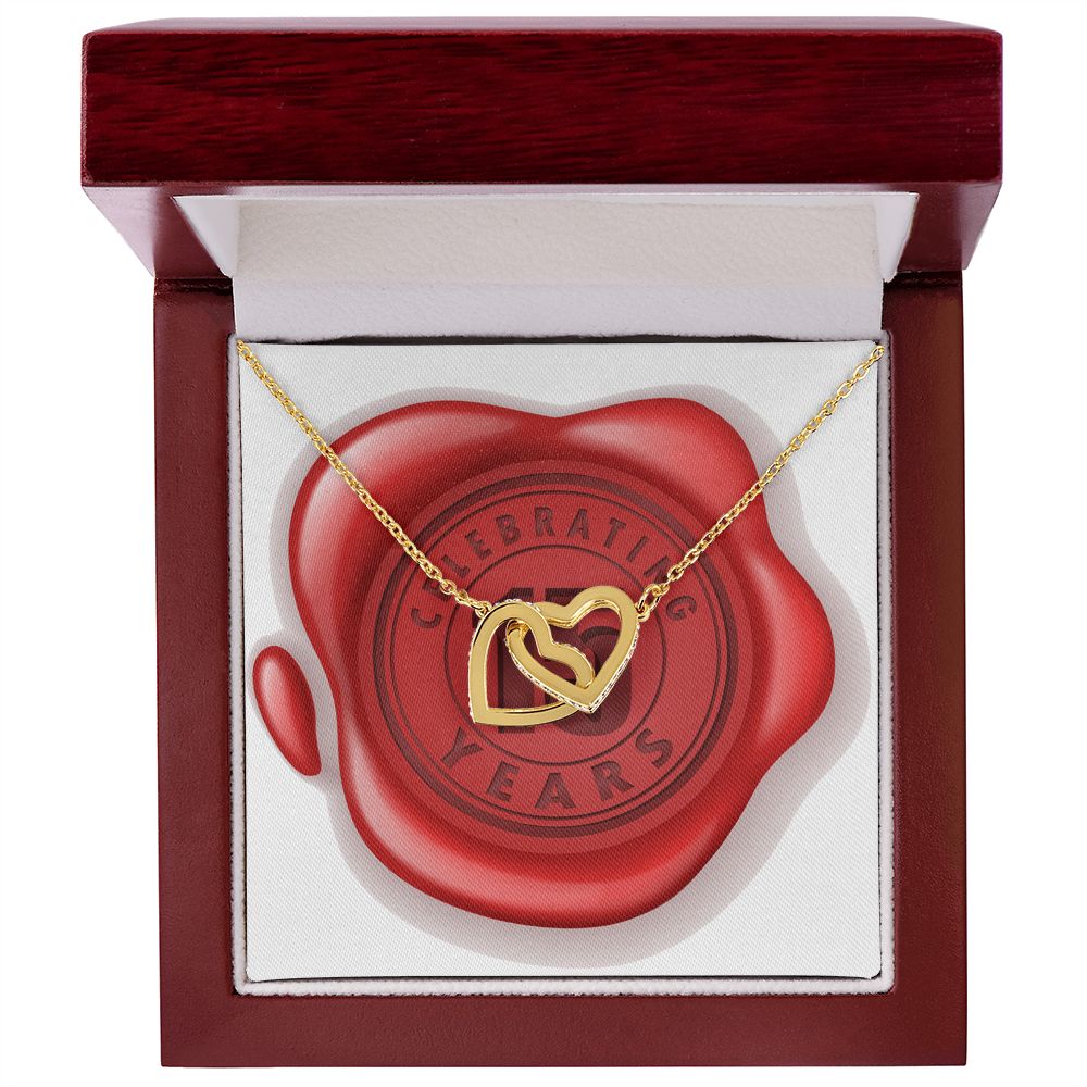 Celebrating 15 Years Anniversary - 18K Yellow Gold Finish Interlocking Hearts Necklace With Mahogany Style Luxury Box