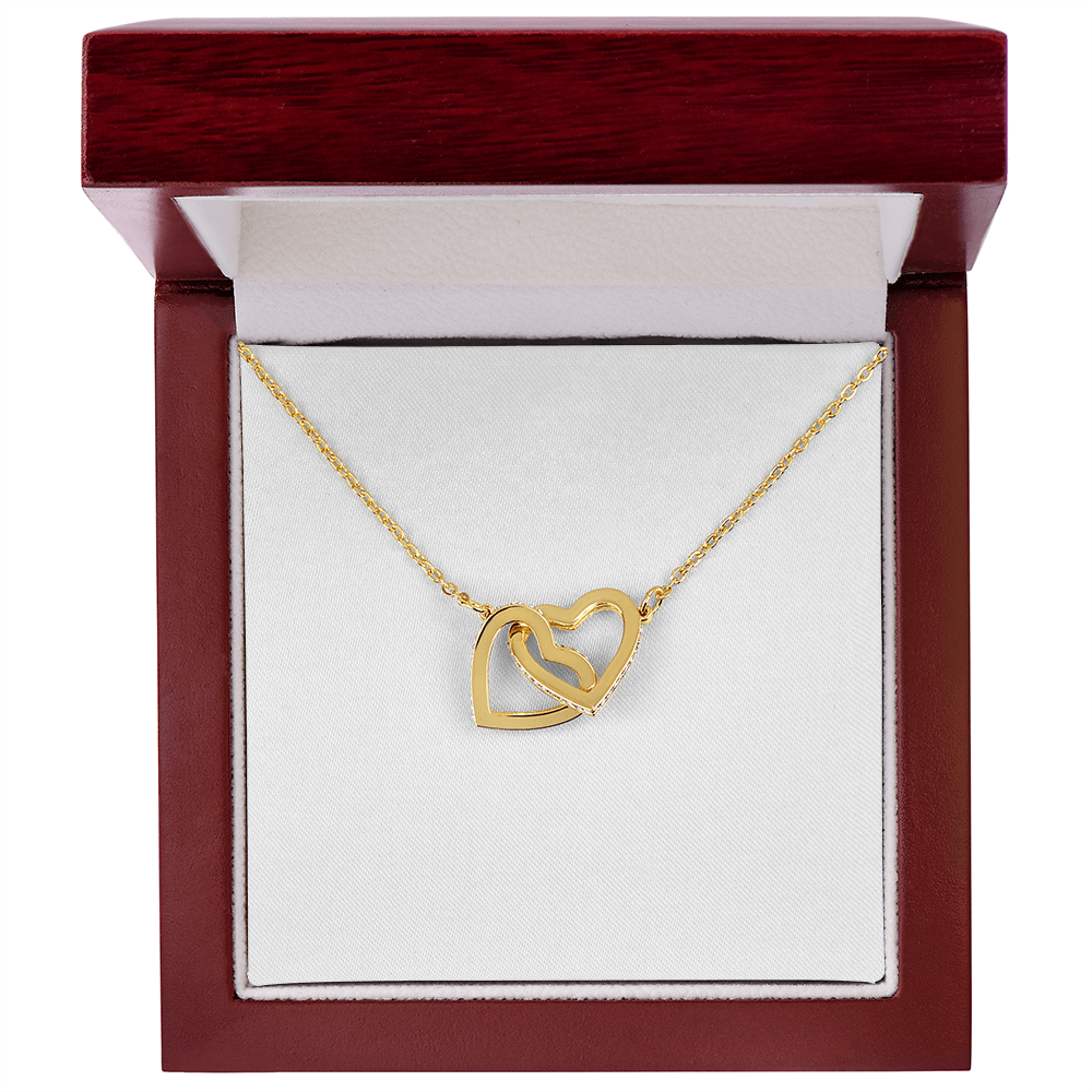 18K Yellow Gold Finish Interlocking Hearts Necklace With Mahogany Style Luxury Box