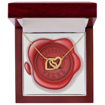 Celebrating 62 Years Anniversary - 18K Yellow Gold Finish Interlocking Hearts Necklace With Mahogany Style Luxury Box