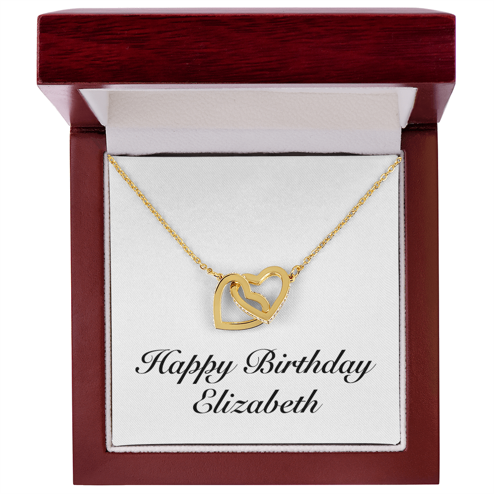 Happy Birthday Elizabeth - 18K Yellow Gold Finish Interlocking Hearts Necklace With Mahogany Style Luxury Box