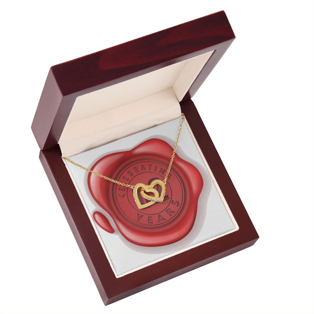 Celebrating 62 Years Anniversary - 18K Yellow Gold Finish Interlocking Hearts Necklace With Mahogany Style Luxury Box