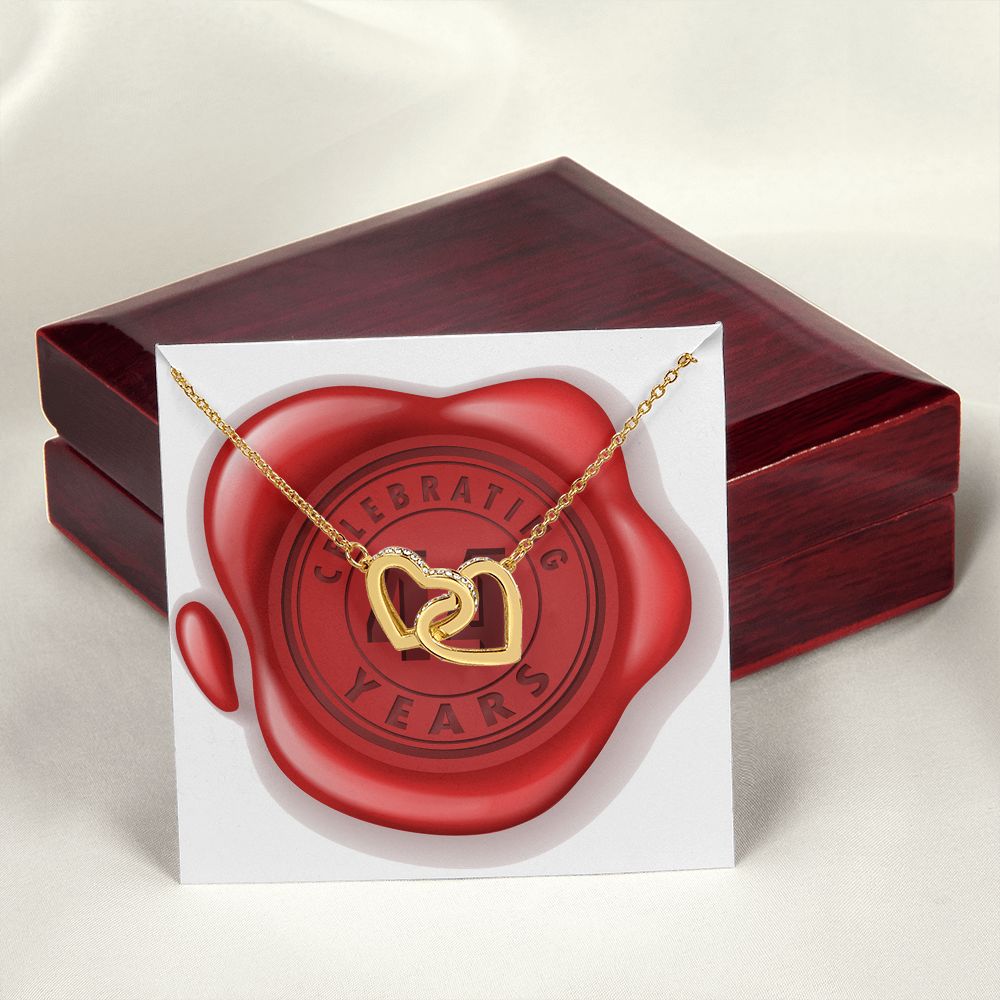 Celebrating 44 Years Anniversary - 18K Yellow Gold Finish Interlocking Hearts Necklace With Mahogany Style Luxury Box