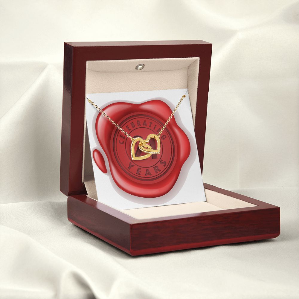Celebrating 21 Years Anniversary - 18K Yellow Gold Finish Interlocking Hearts Necklace With Mahogany Style Luxury Box