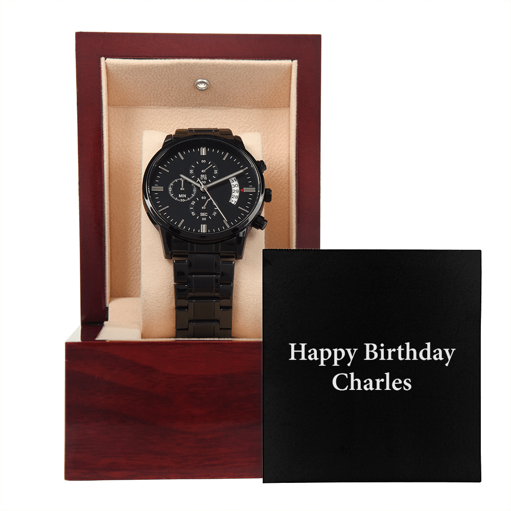 Happy Birthday Charles v2 - Black Chronograph Watch