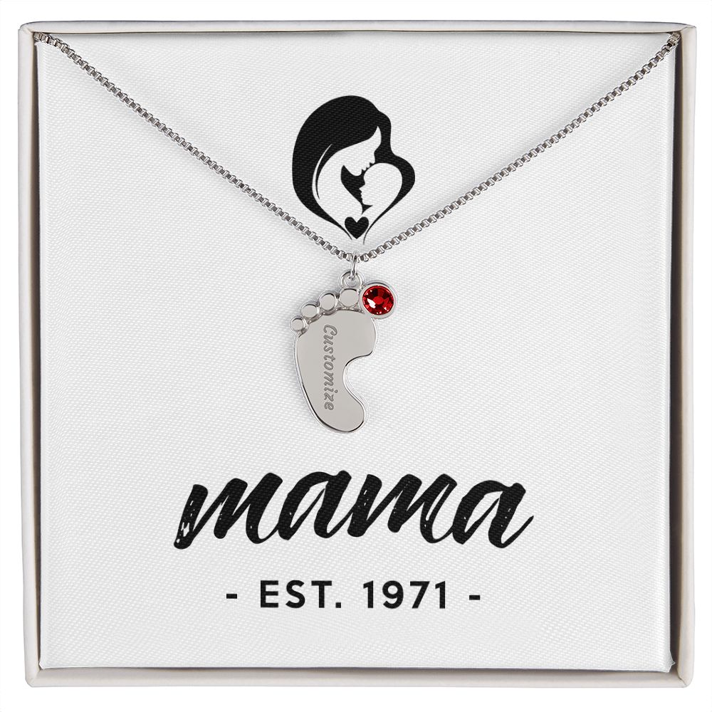 Mama, Est. 1971 - Personalized Baby Feet Necklace With Birthstone