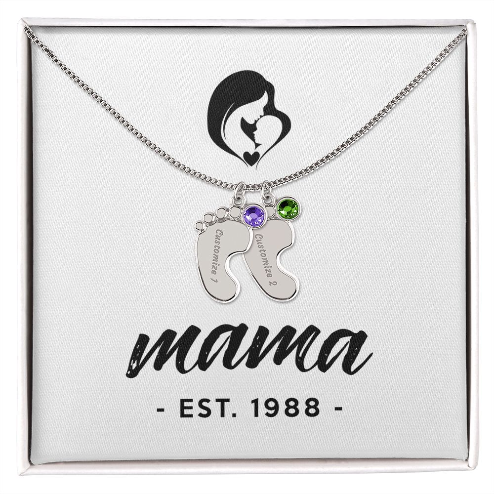 Mama, Est. 1988 - Personalized Baby Feet Necklace With Birthstone