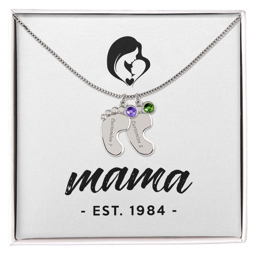 Mama, Est. 1984 - Personalized Baby Feet Necklace With Birthstone