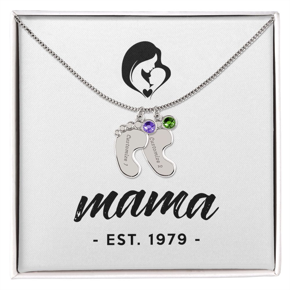 Mama, Est. 1979 - Personalized Baby Feet Necklace With Birthstone