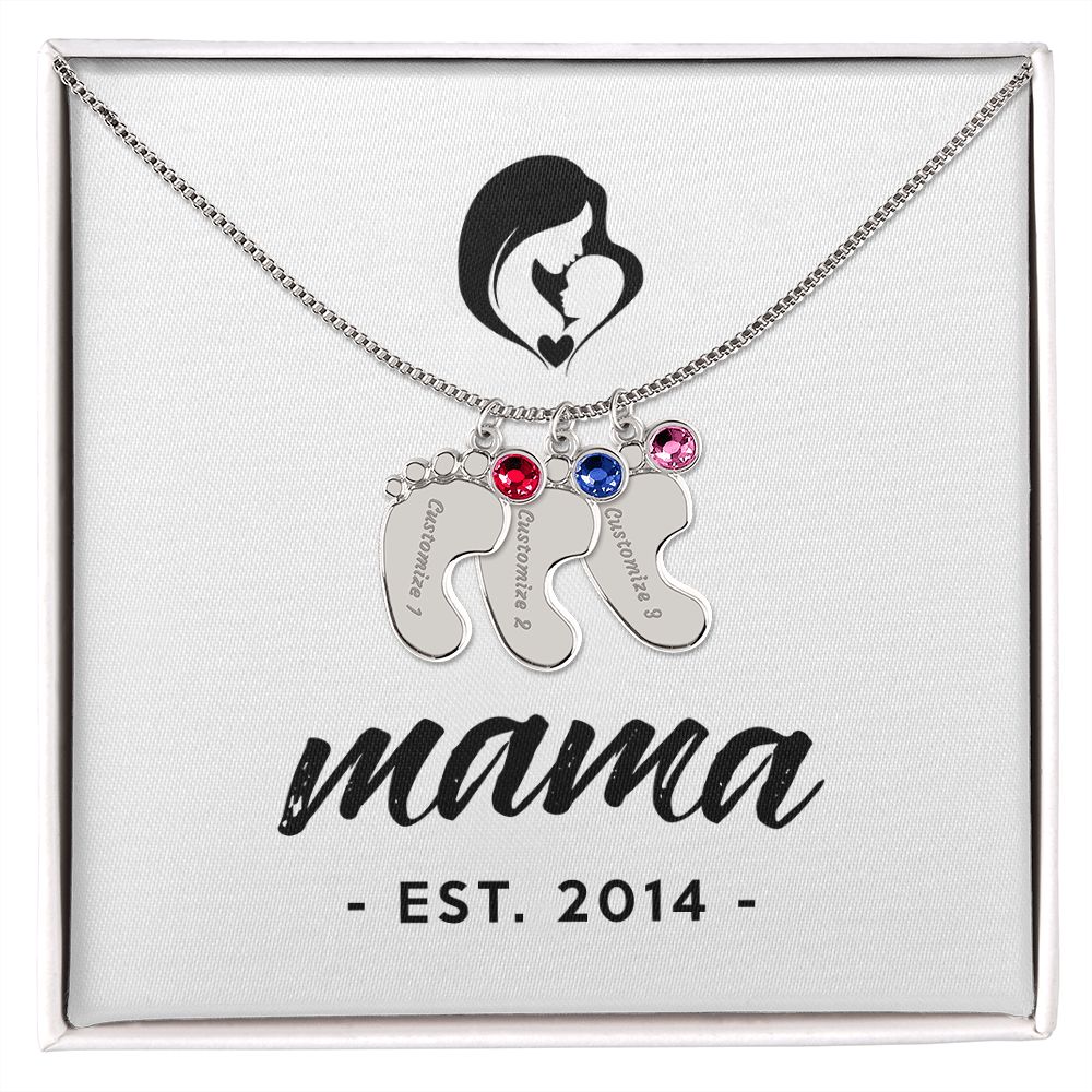Mama, Est. 2014 - Personalized Baby Feet Necklace With Birthstone