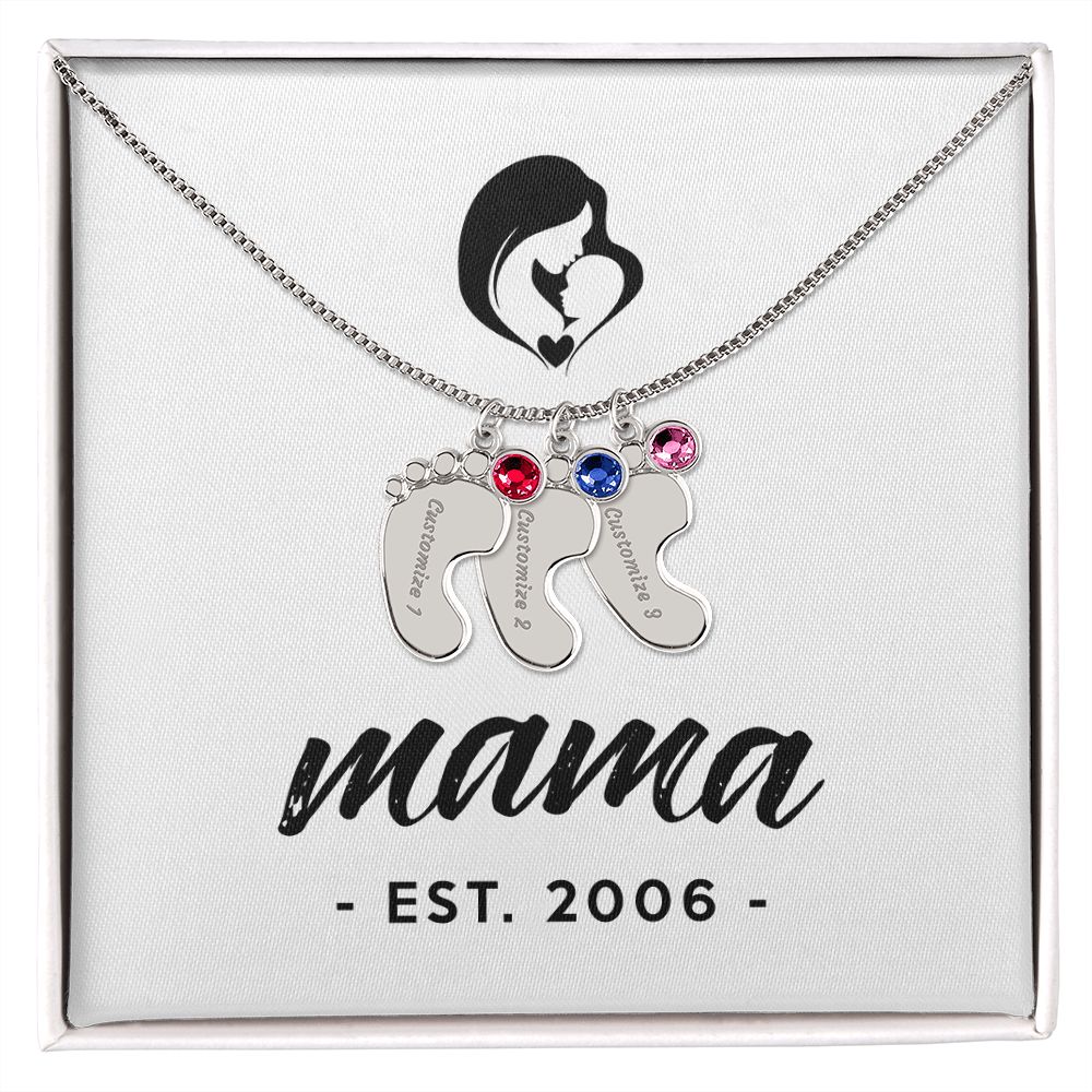 Mama, Est. 2006 - Personalized Baby Feet Necklace With Birthstone