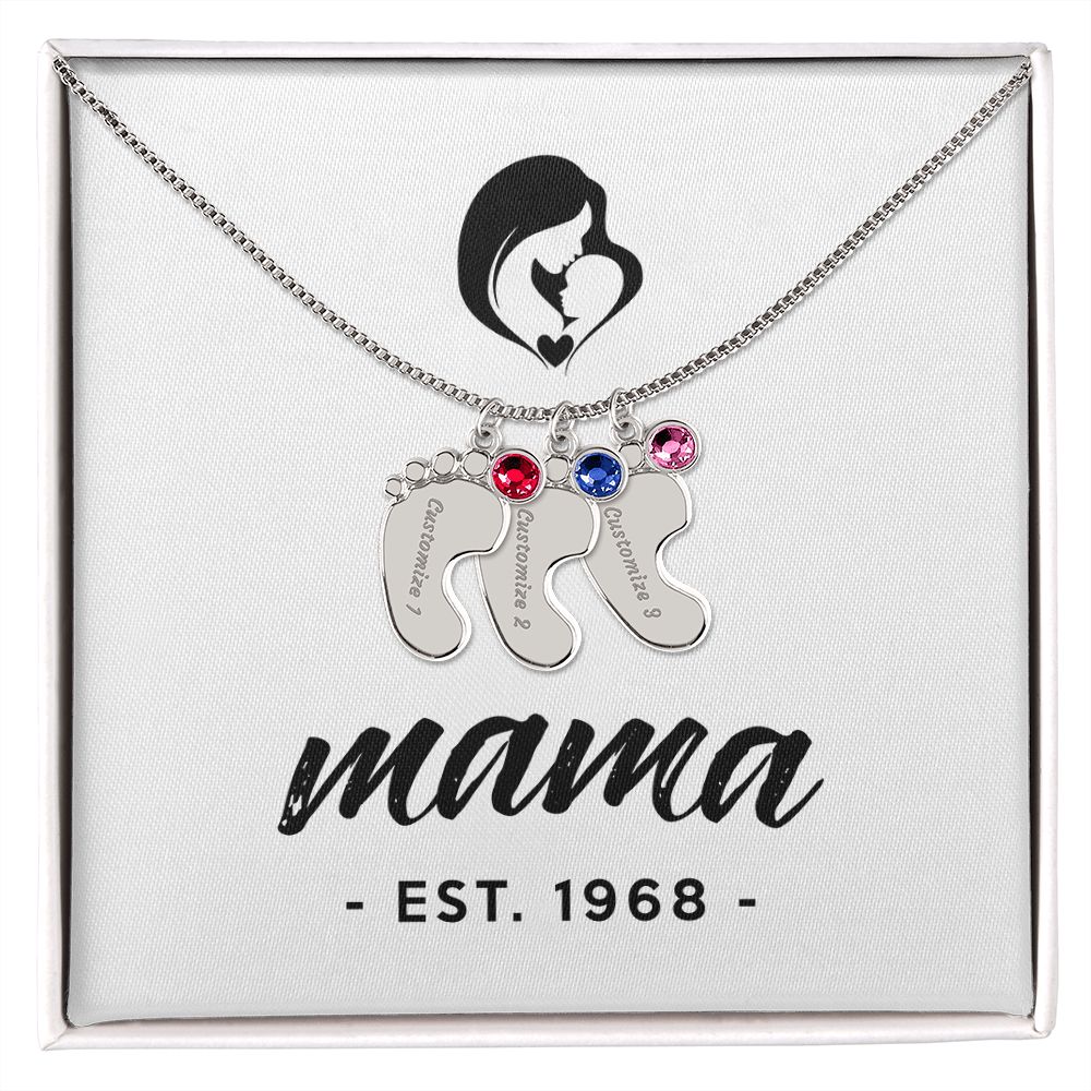 Mama, Est. 1968 - Personalized Baby Feet Necklace With Birthstone