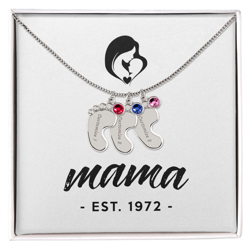 Mama, Est. 1972 - Personalized Baby Feet Necklace With Birthstone