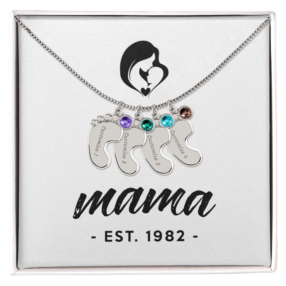 Mama, Est. 1982 - Personalized Baby Feet Necklace With Birthstone