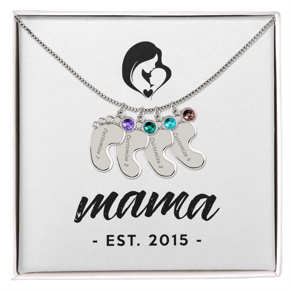 Mama, Est. 2015 - Personalized Baby Feet Necklace With Birthstone