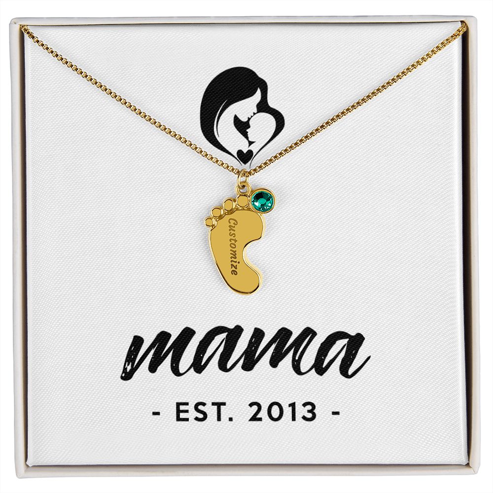 Mama, Est. 2013 - Personalized Baby Feet Necklace With Birthstone