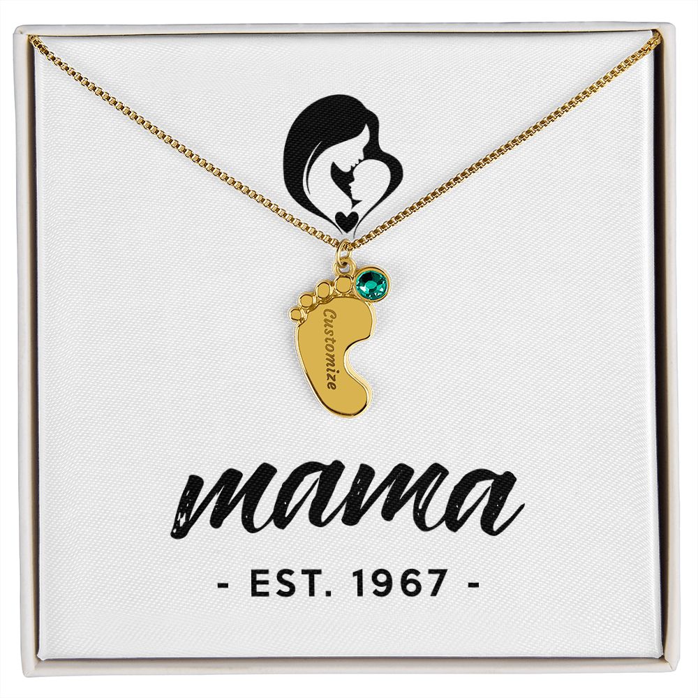Mama, Est. 1967 - Personalized Baby Feet Necklace With Birthstone