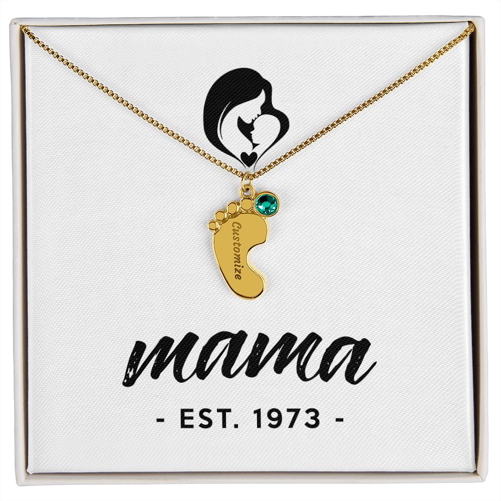 Mama, Est. 1973 - Personalized Baby Feet Necklace With Birthstone