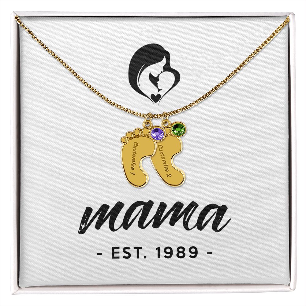 Mama, Est. 1989 - Personalized Baby Feet Necklace With Birthstone