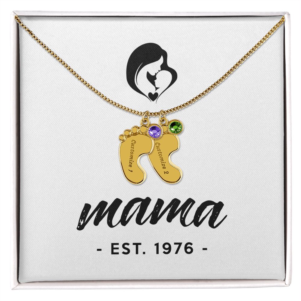 Mama, Est. 1976 - Personalized Baby Feet Necklace With Birthstone
