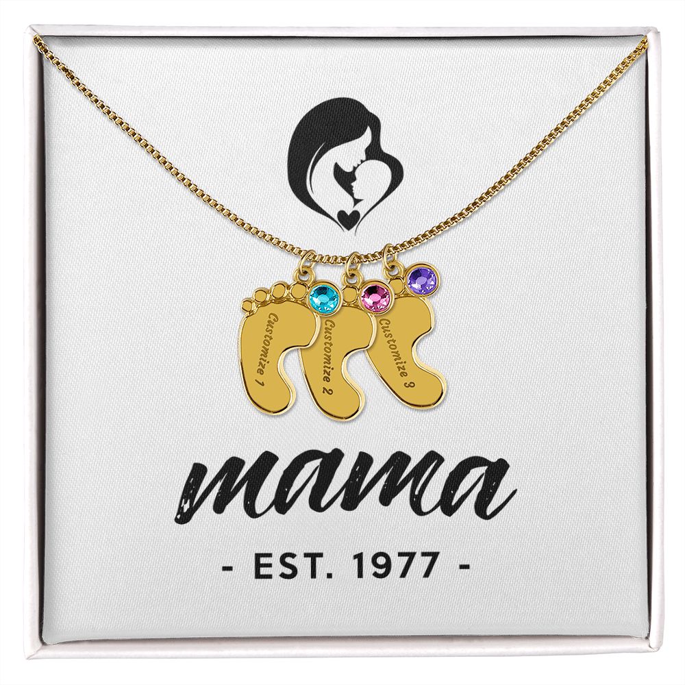 Mama, Est. 1977 - Personalized Baby Feet Necklace With Birthstone