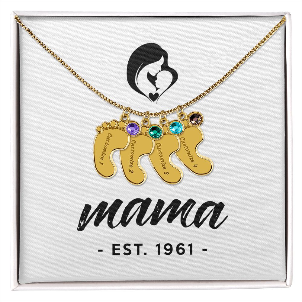 Mama, Est. 1961 - Personalized Baby Feet Necklace With Birthstone